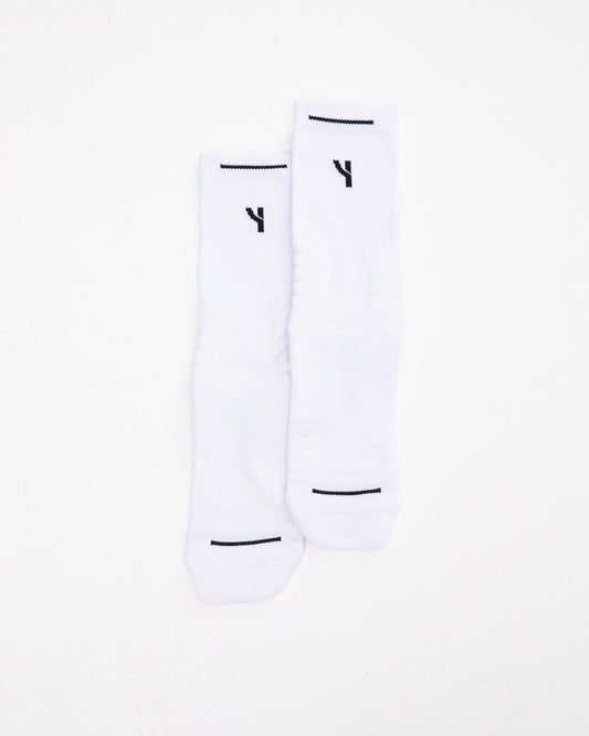 V2 White Tech Crew Socks in Long Length product shot with white background
