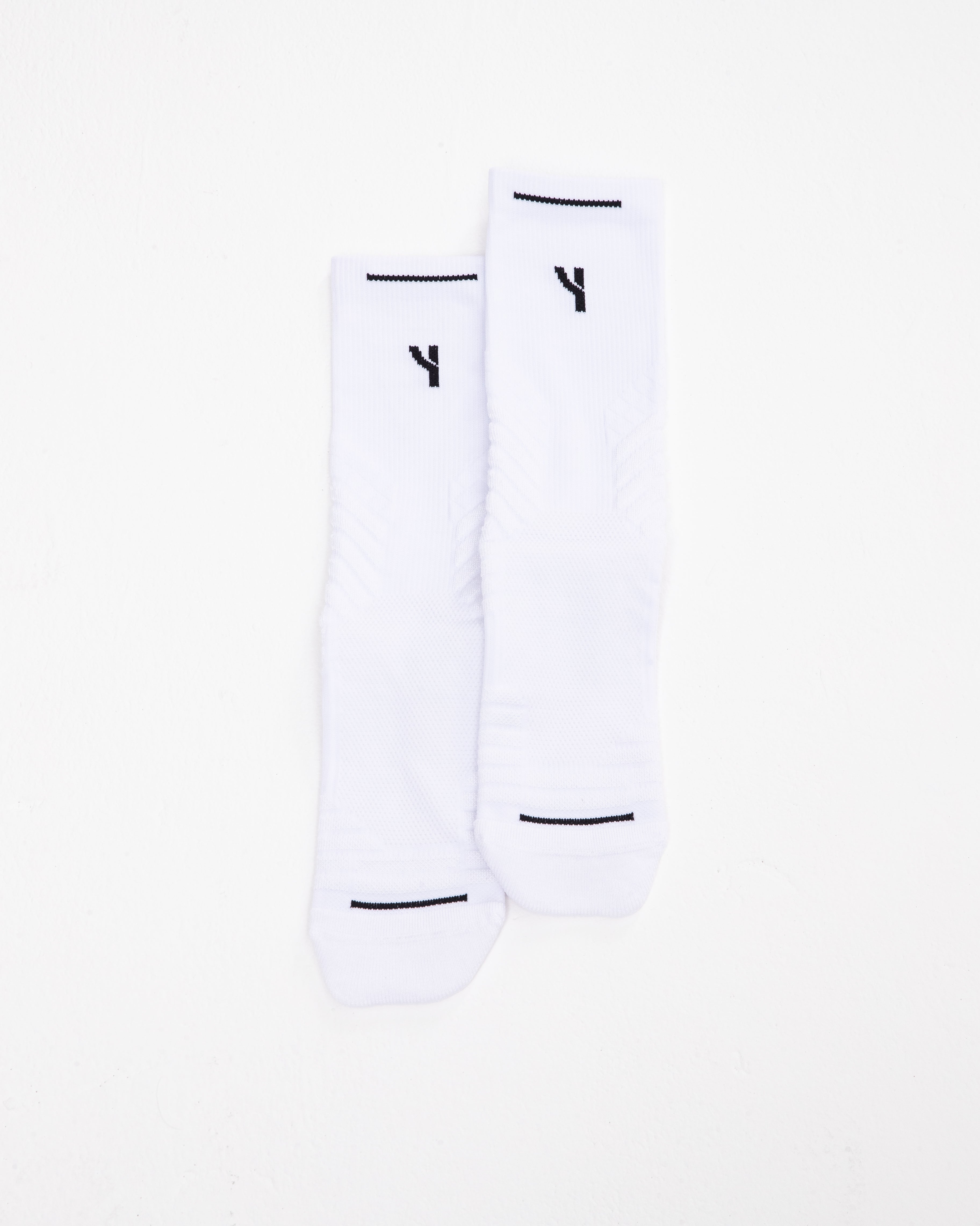 V2 White Tech Crew Socks in Long Length product shot with white background