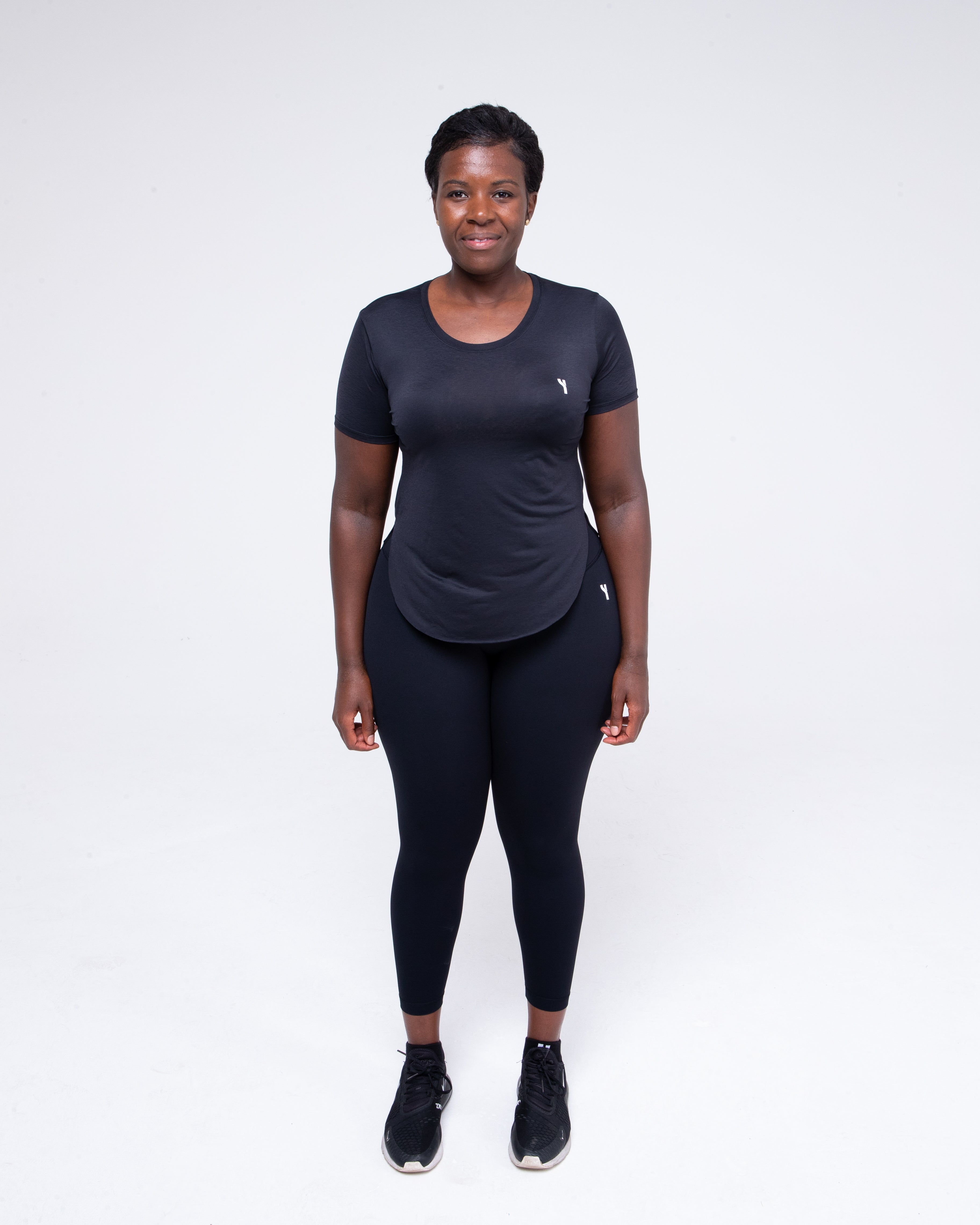 Sculpt Mesh T-Shirt in black full height model shot from the front