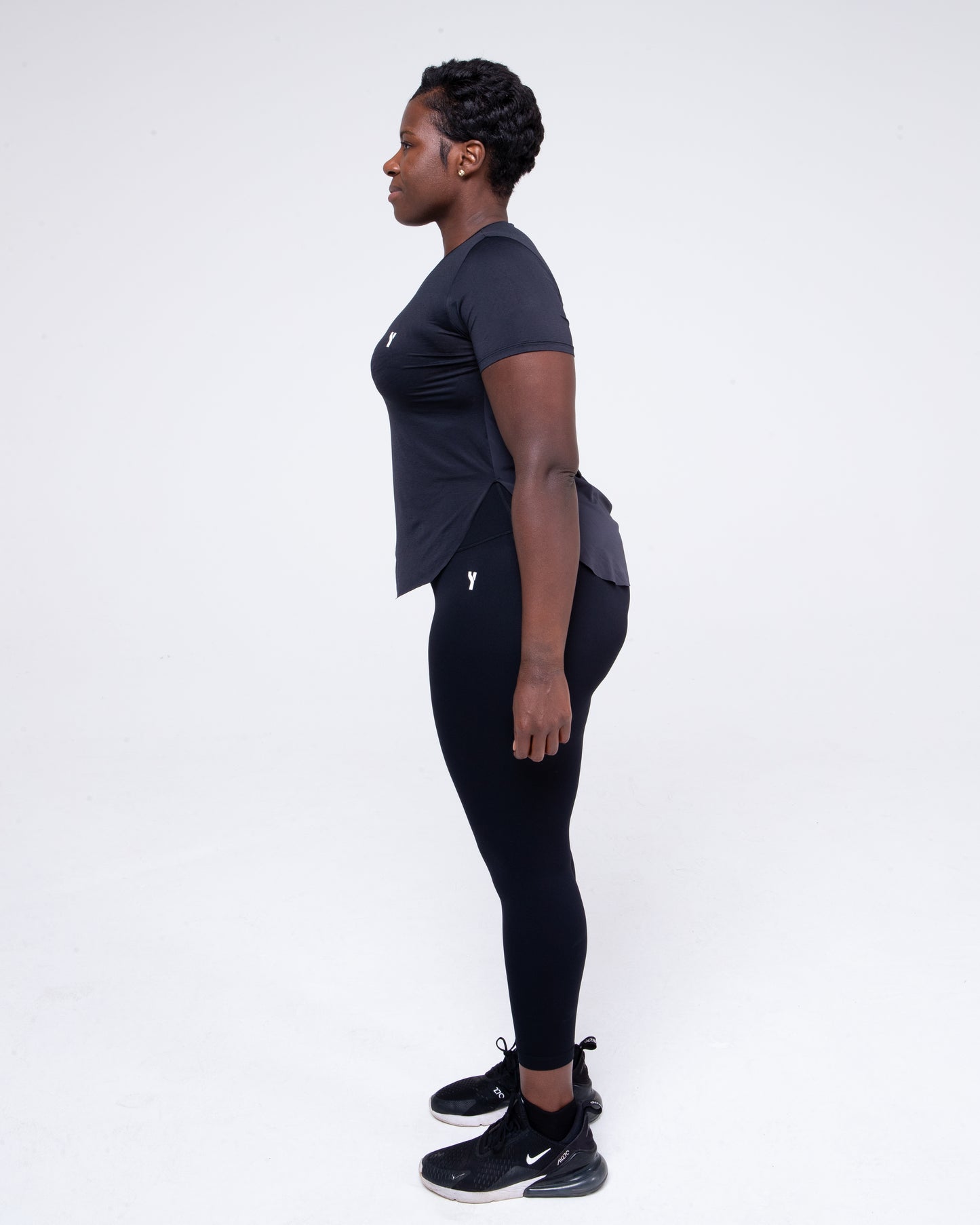 Sculpt Mesh T-Shirt in black full height model shot from the side