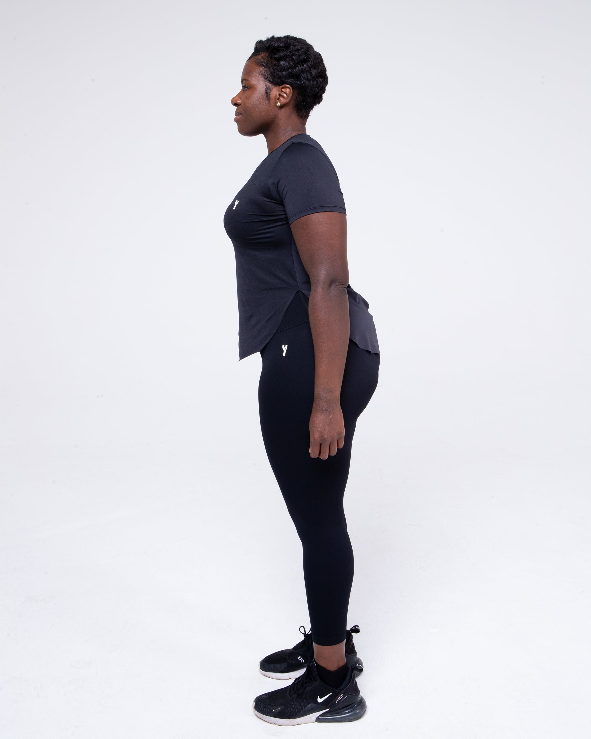 Sculpt Mesh T-Shirt in black full height model shot from the side