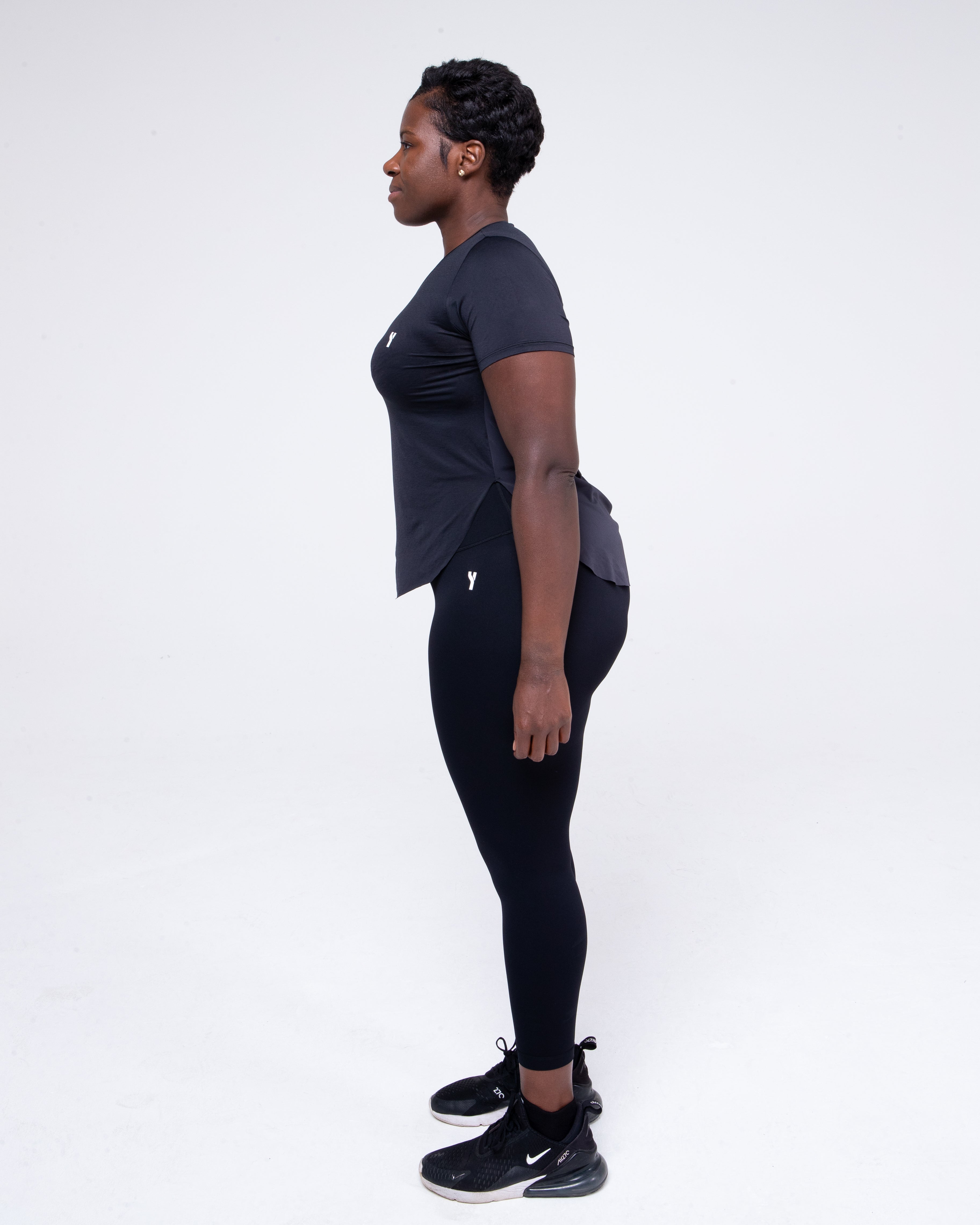 Sculpt Mesh T-Shirt in black full height model shot from the side