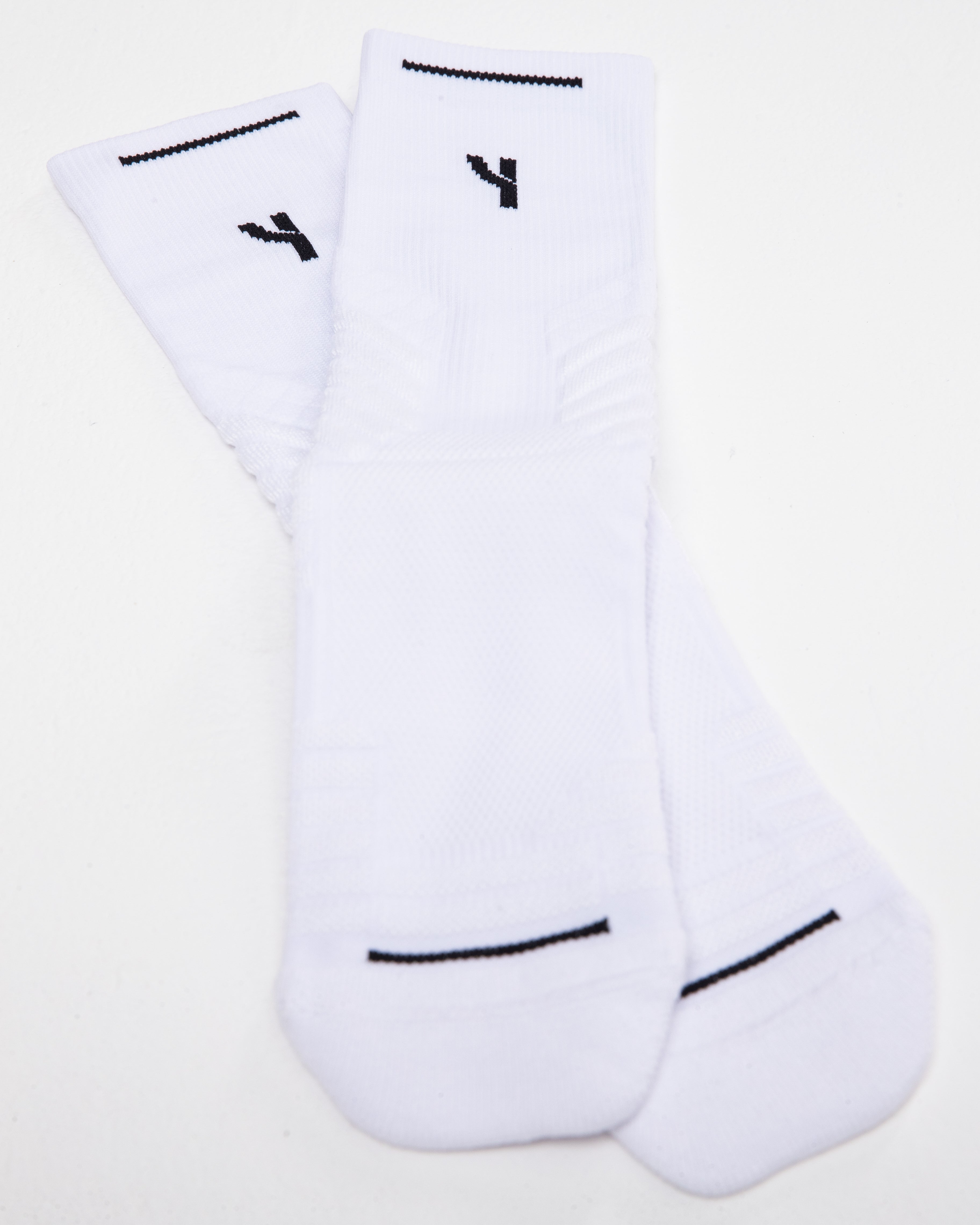V2 White Tech Crew Socks in Long Length product shot from above with white background