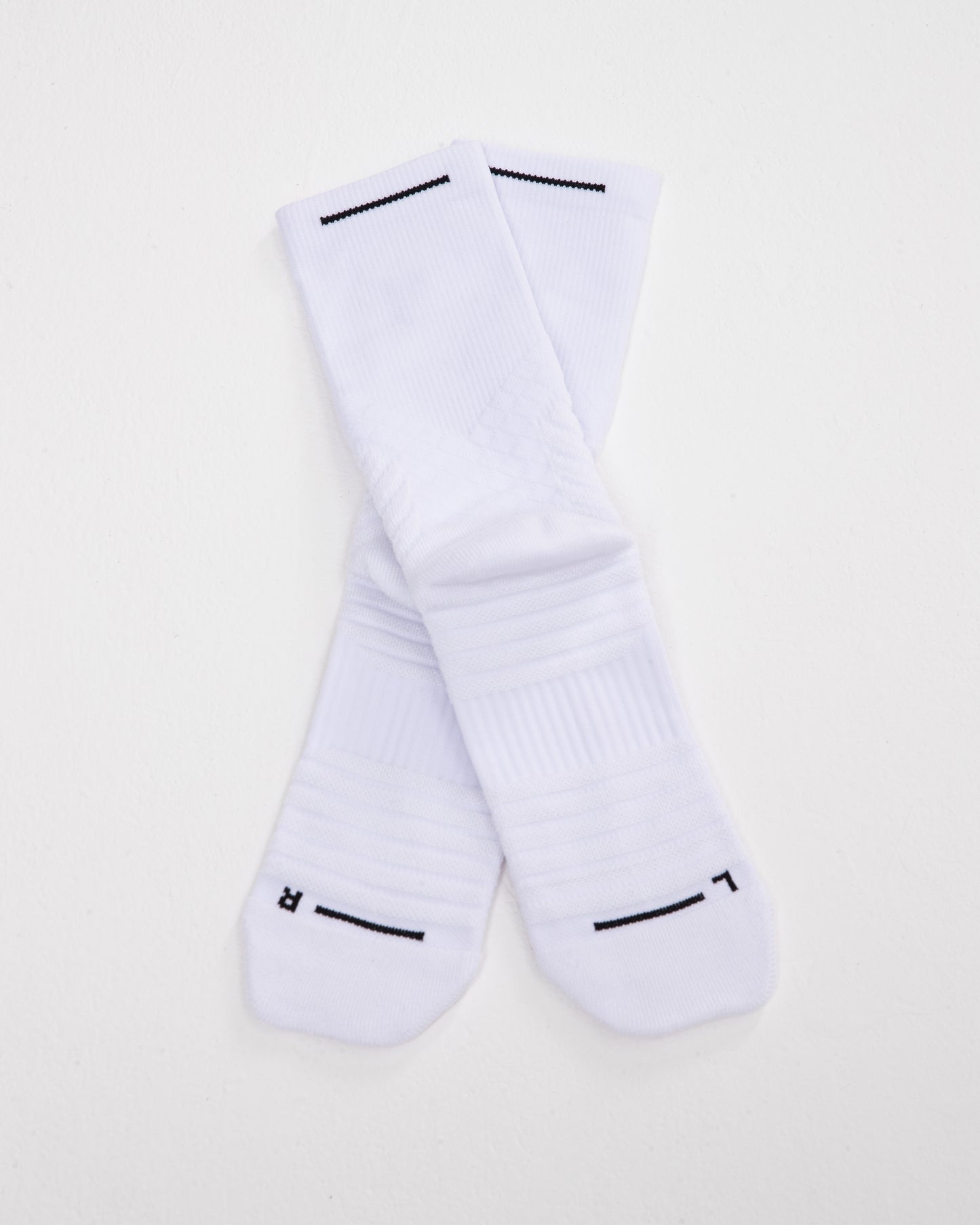 V2 White Tech Crew Socks in Long Length product shot from the back with white background