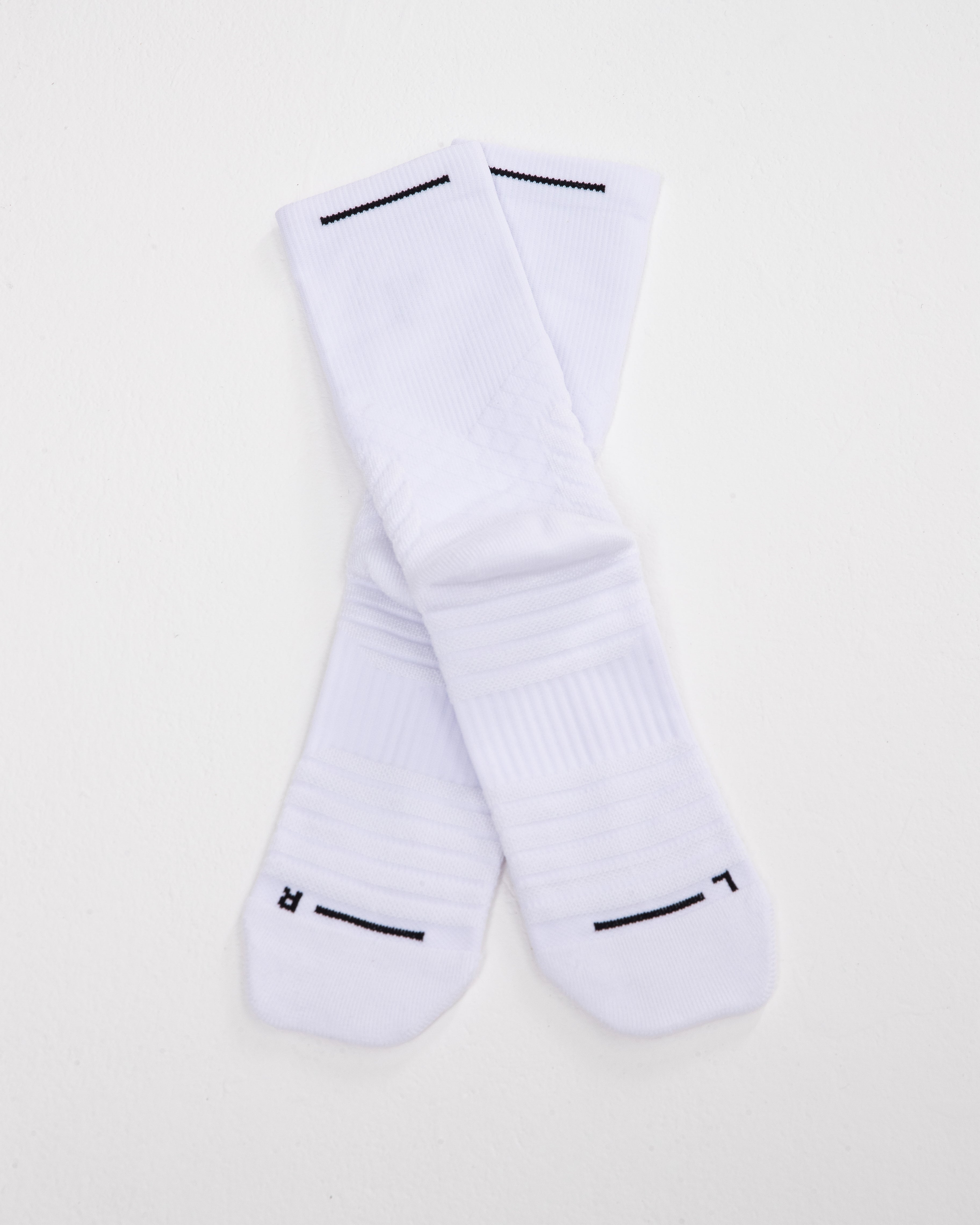 V2 White Tech Crew Socks in Long Length product shot from the back with white background