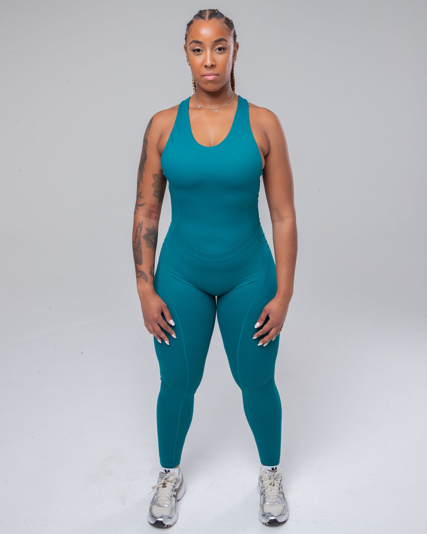 Allure Jumpsuit in Teal full height model shot from the front
