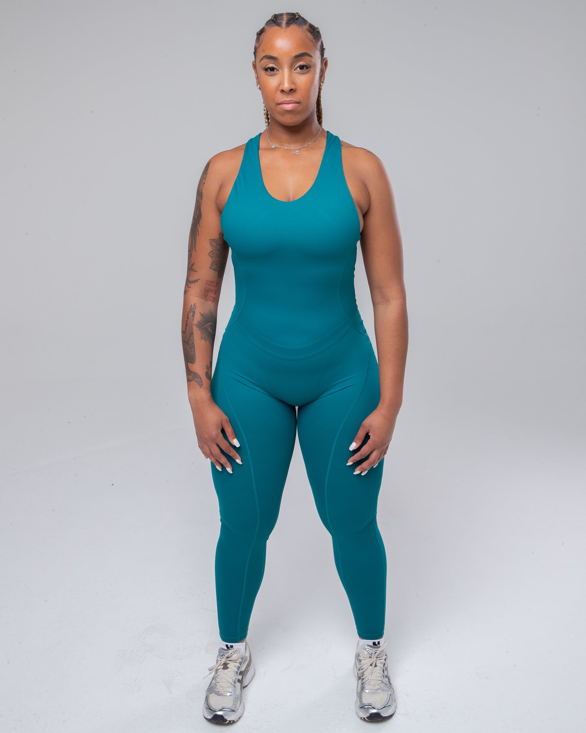 Allure Jumpsuit in Teal full height model shot from the front