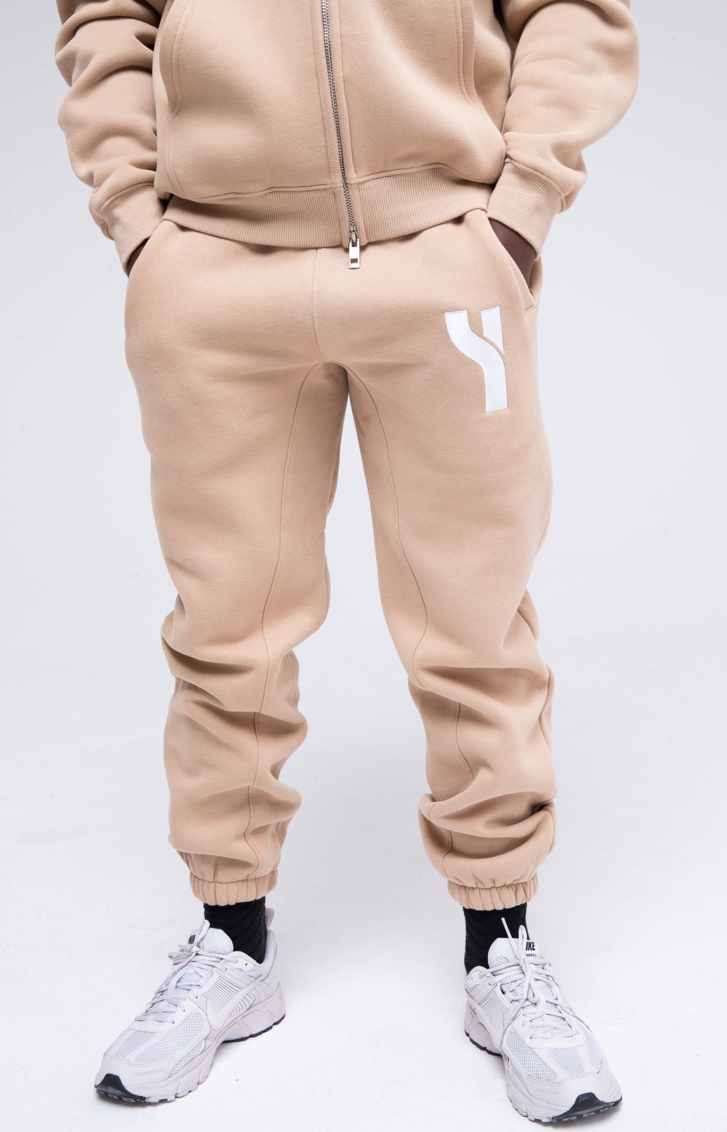 Cosy Joggers in beige model shot zoomed to show product detail