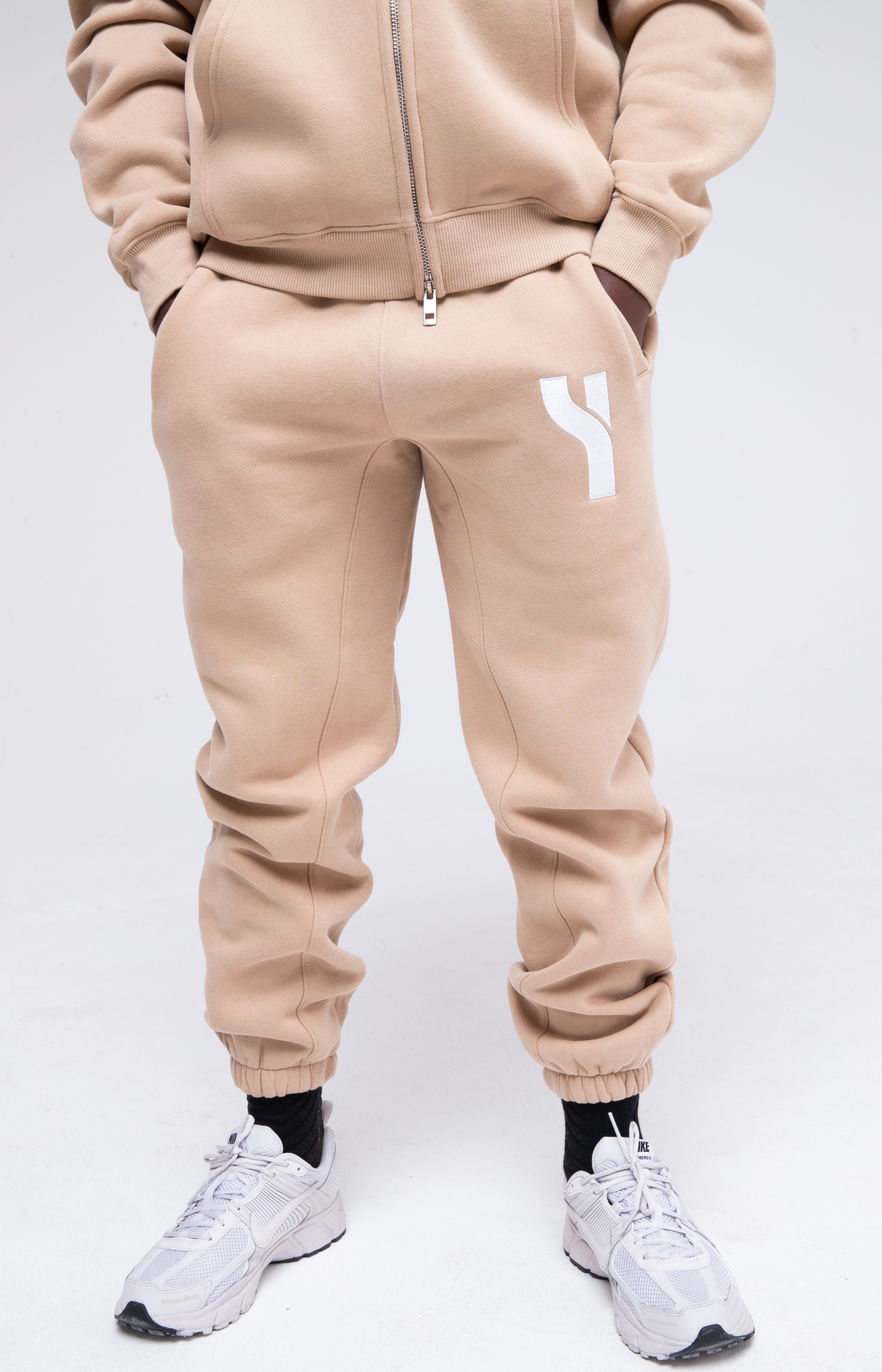 Cosy Joggers in beige model shot zoomed to show product detail