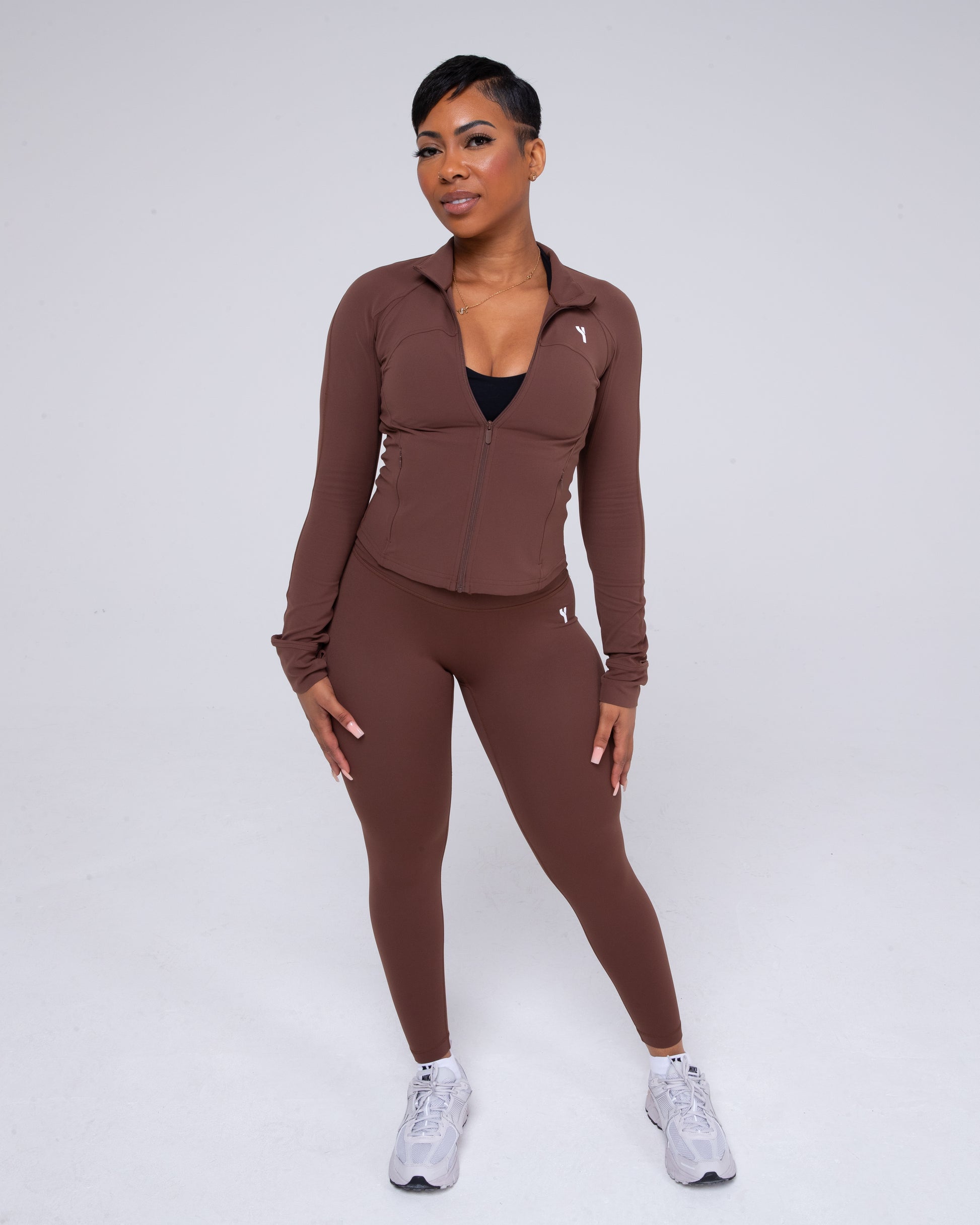 Sculpt 1/4 Zip Jacket in brown full height model shot