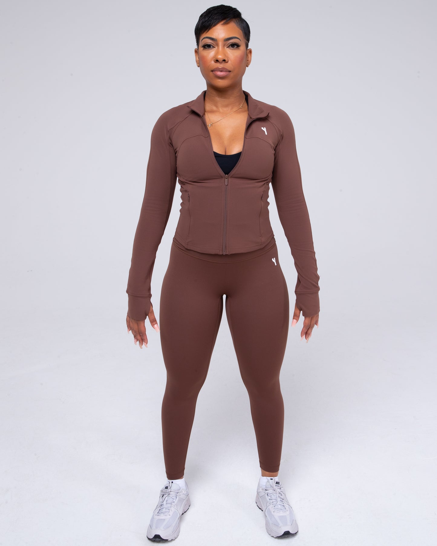 Sculpt 1/4 Zip Jacket in brown full height model shot static