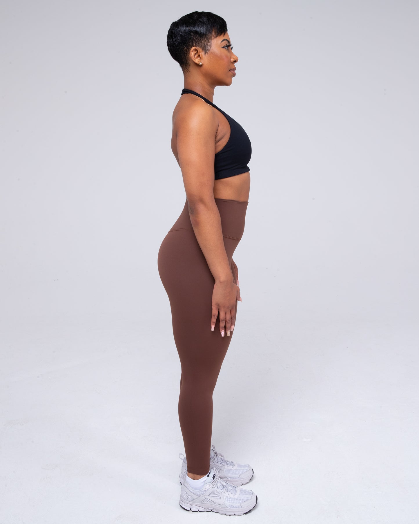 Sculpt Halterneck Sports Bra in black full height model shot from side