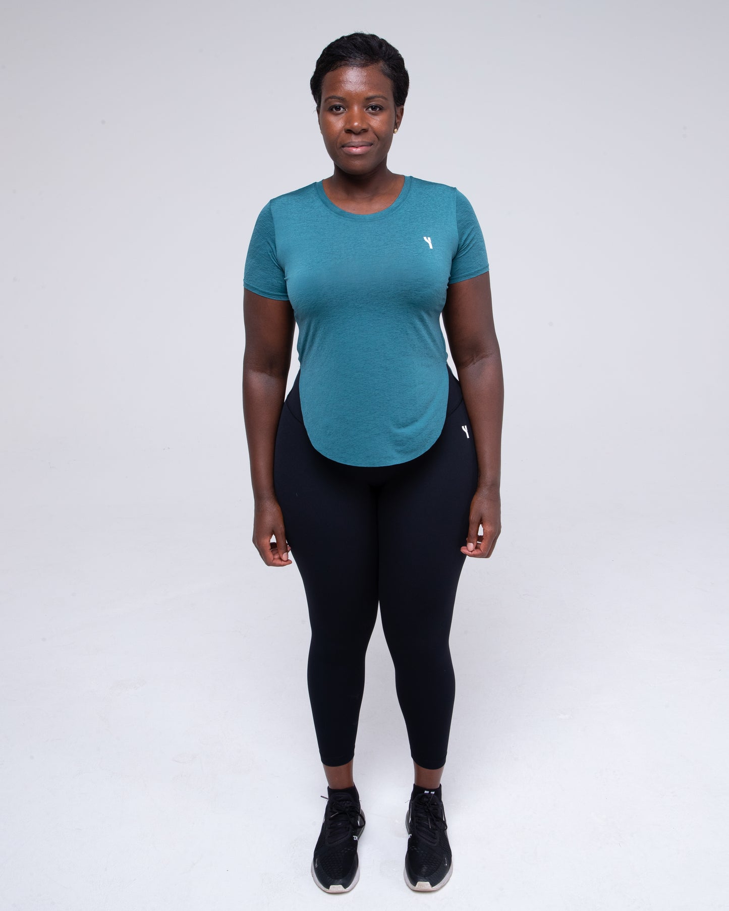 Sculpt Mesh T-Shirt in teal full height model shot from the front