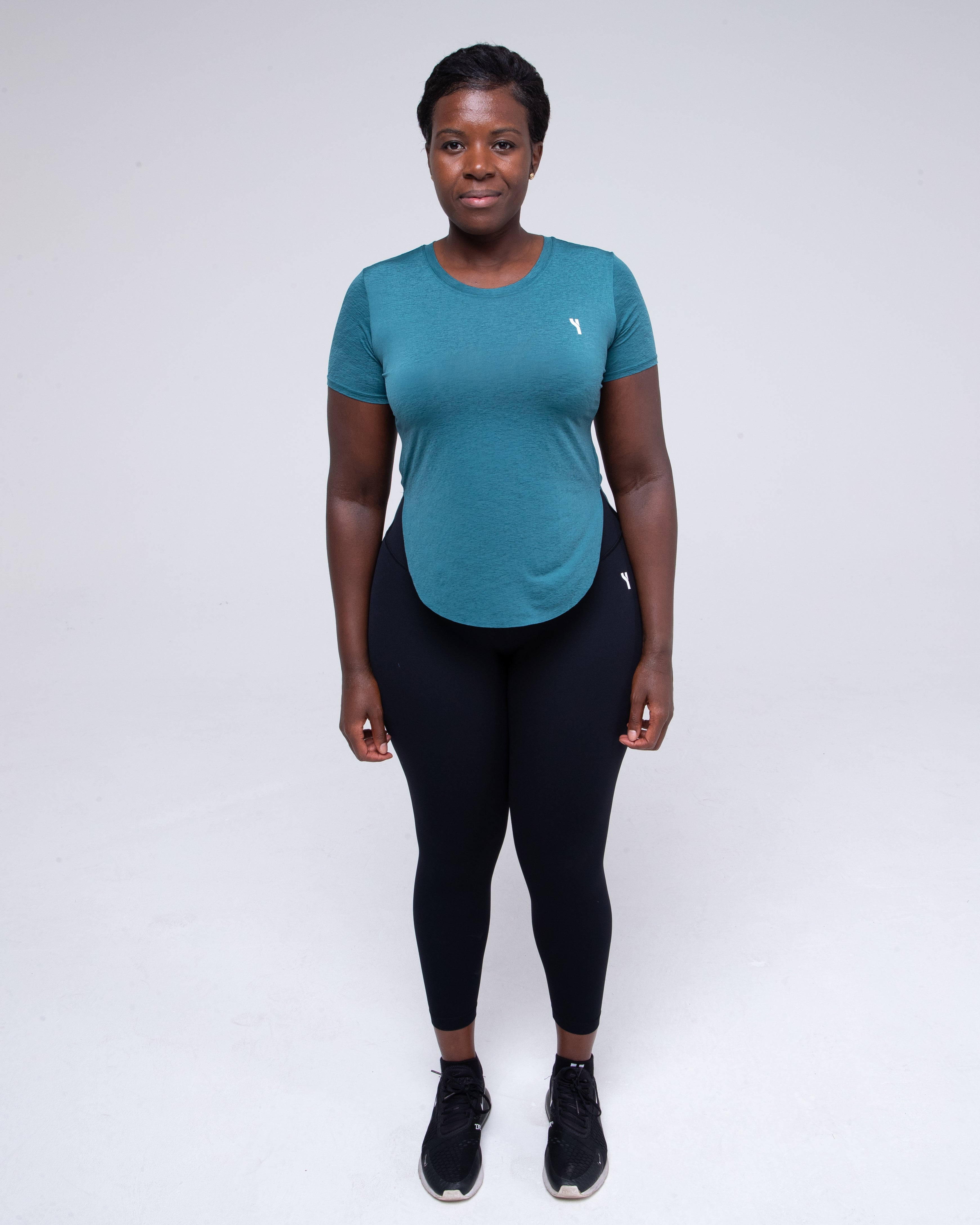 Sculpt Mesh T-Shirt in teal full height model shot from the front