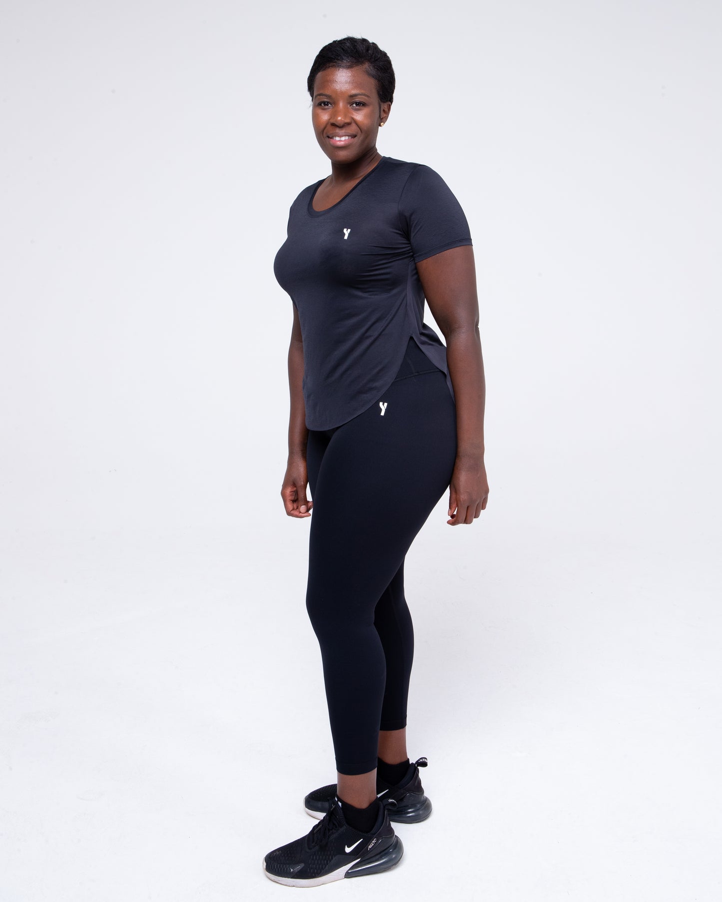 Sculpt Mesh T-Shirt in black full height model stood at an angle