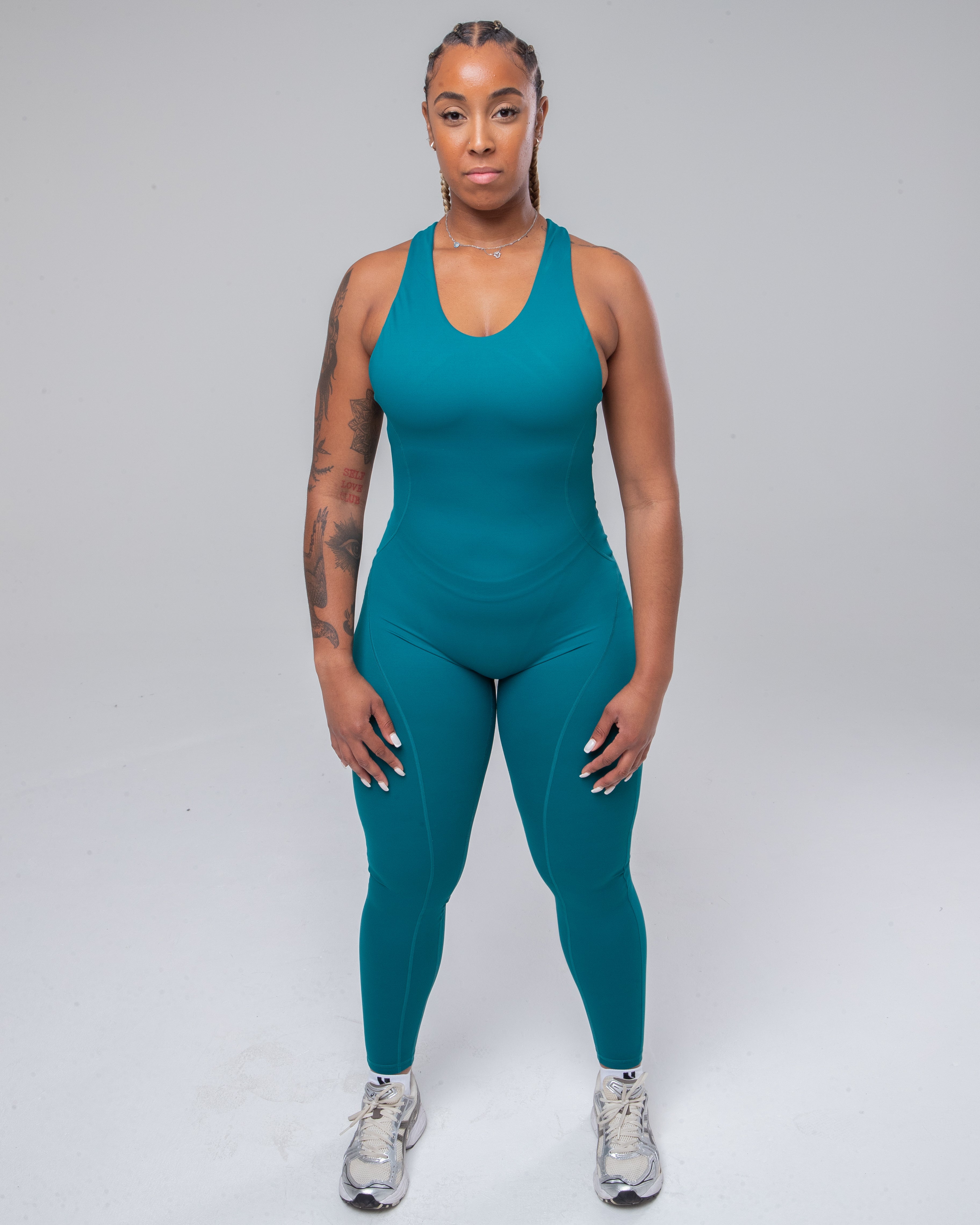 Allure Jumpsuit in Teal full height model shot from the front
